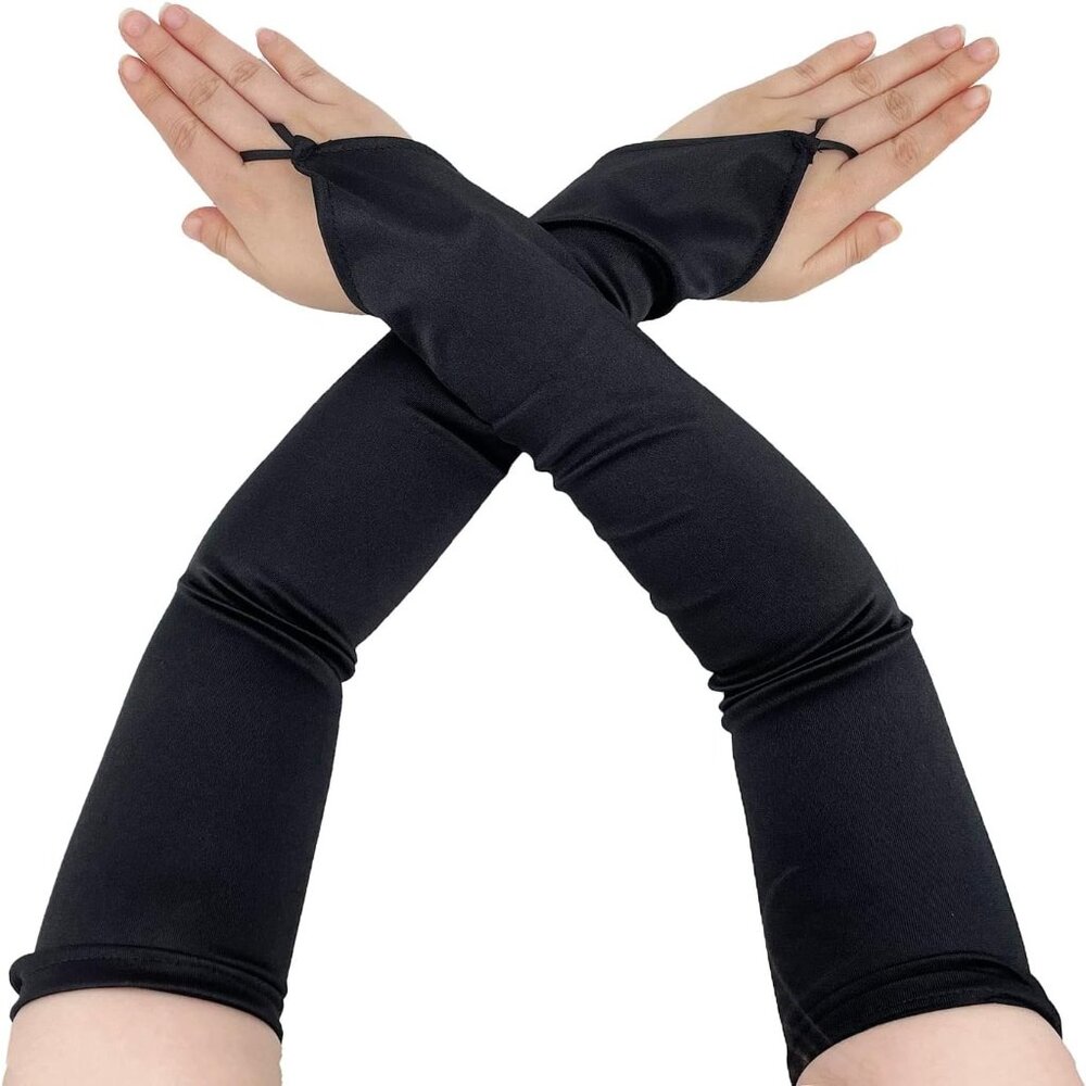 Women's Fingerless Black Long Satin Fabric Gloves Stretchy Elbow Length Gloves